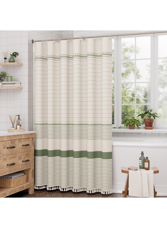 AuliceVerse Ramadan Home Refresh Essential – Green Imitation Linen Tassel Shower Curtain, Solid Color & Waterproof for a Simple, Fresh Bathroom - Image 5